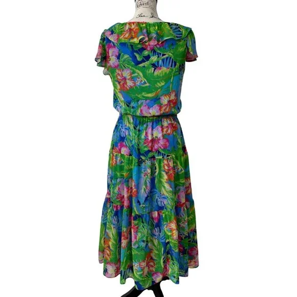 Lauren Ralph Lauren Black Label Georgette Tiered Dress Tropical Size 6 Petite - Picture 3 of 9